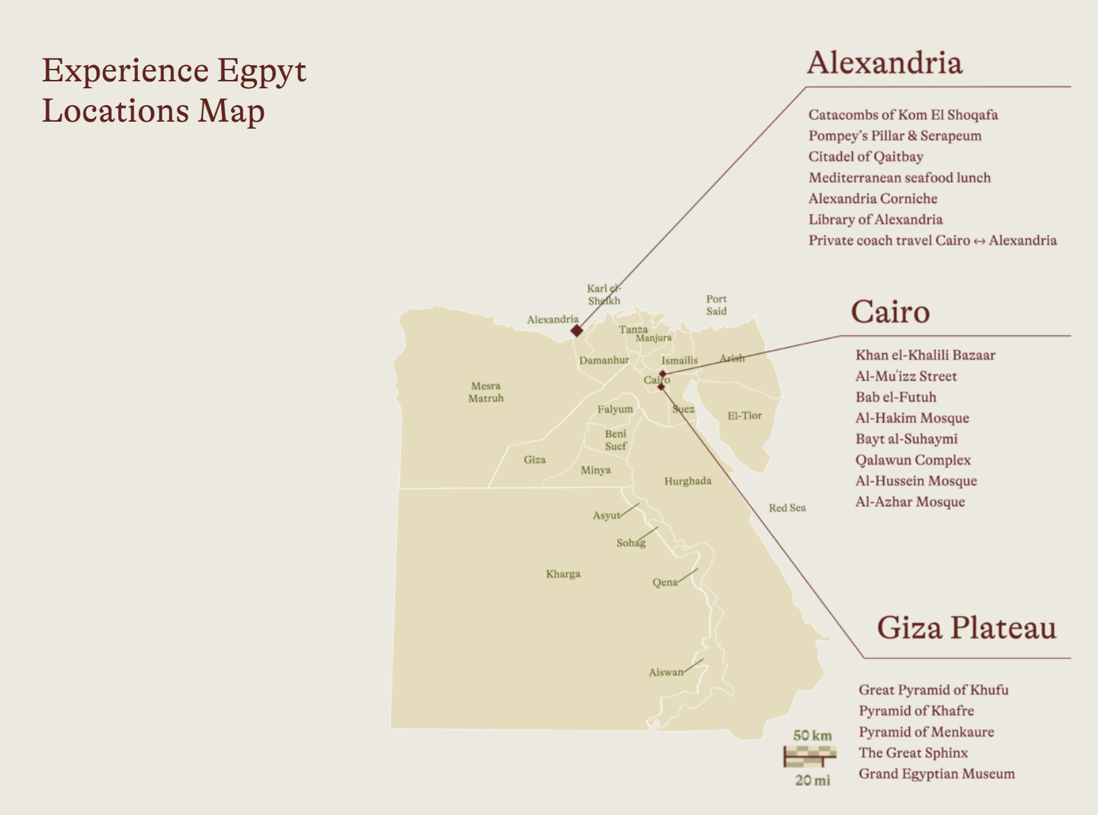 Experience Egypt locations map showing Cairo, Alexandria, and Giza