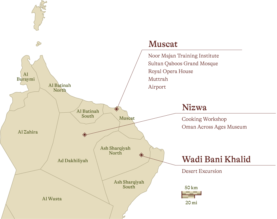 Oman trip locations map showing Muscat, Nizwa, and Wadi Bani Khalid